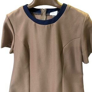 True Vintage 90s Minimalist Shift Dress Fawn Navy Contrast Collar Petite XS